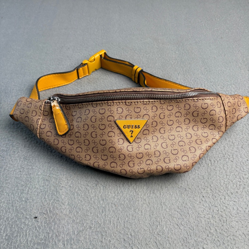 GUESS Logo Print Belt Bag Tan Brown Yellow Trim SV725380 Fanny Pack